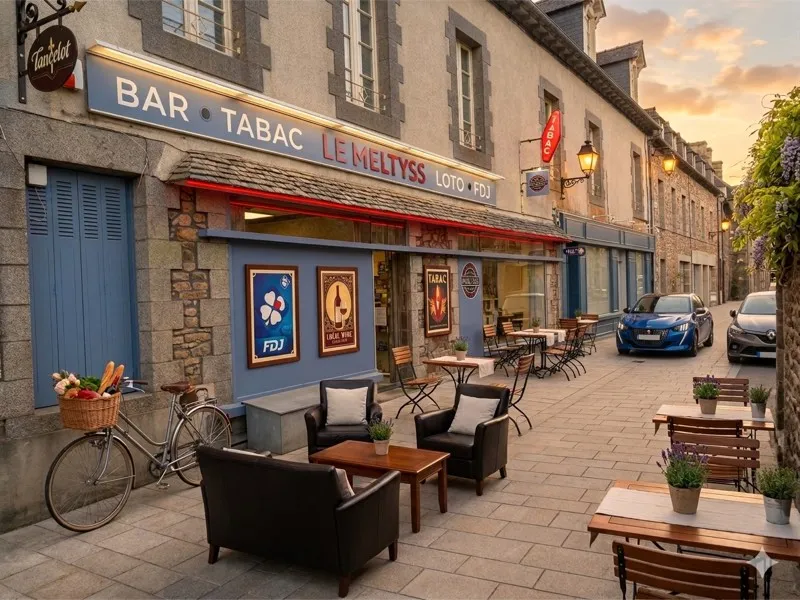 La façade du Meltyss, 41 rue Pasteur : enseigne « Bar Tabac Le Meltyss » et terrasse.